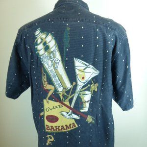 TOMMY BAHAMA HAWAIIAN MARTINI short sleeve navy blue collectible camp shirt  M